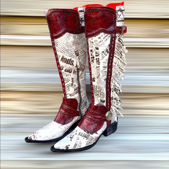Donald J. Pliner Shoes - Donald J Pliner Gitta Calf Hair Newspaper Print Fringe Western Cowboy Boots